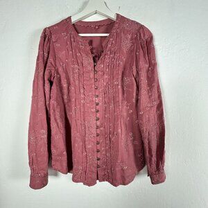 Anthropologie Pilcro Womens Button Up Embroidered Floral Top XS Pink Long Sleeve